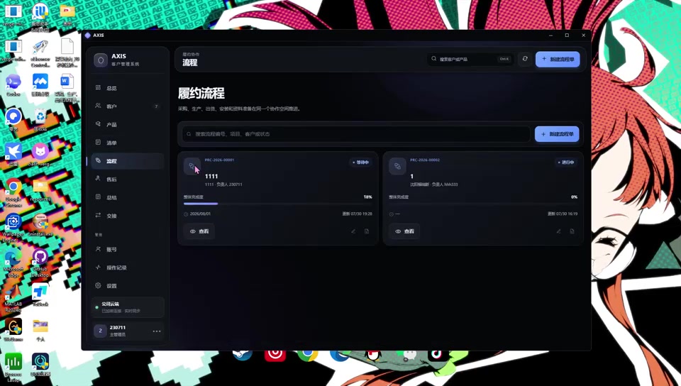 AXIS 履约流程界面，展示流程分组与任务卡片